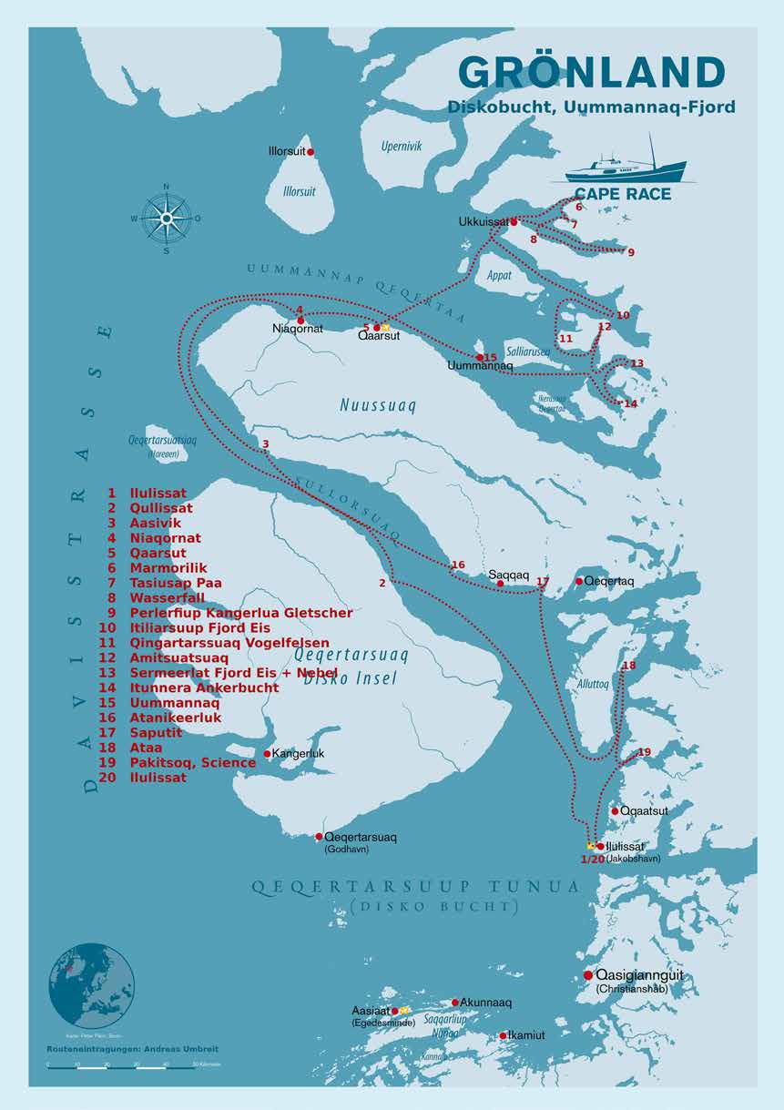 Karte der Diskobucht und des Uummannaq-Fjords mit der eingezeichneten Route der MS Cape Race