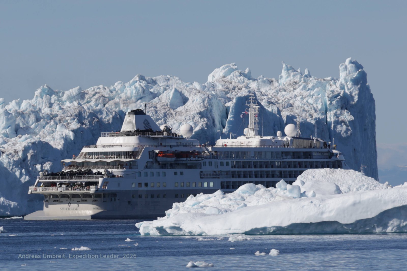 Großes Kreuzfahrtschiff vor Ilulissat wirkt neben den Eisbergen klein