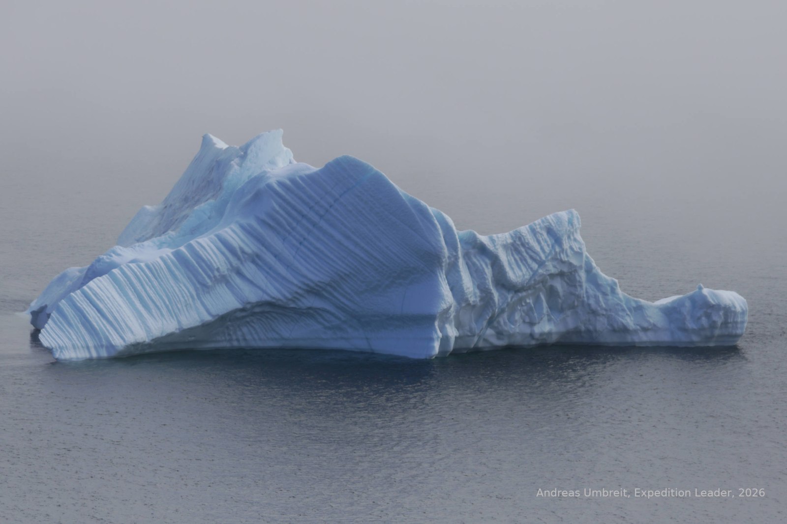 Aus Nebel auftauchender Eisberg in Grönland, dessen Form an ein Gesicht mit Auge erinnert