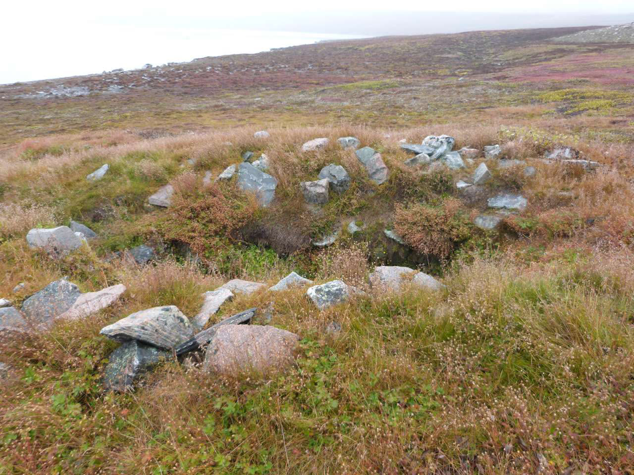 Steinreste eines Thule-Winterhauses in der Tundra Nordostgrönlands