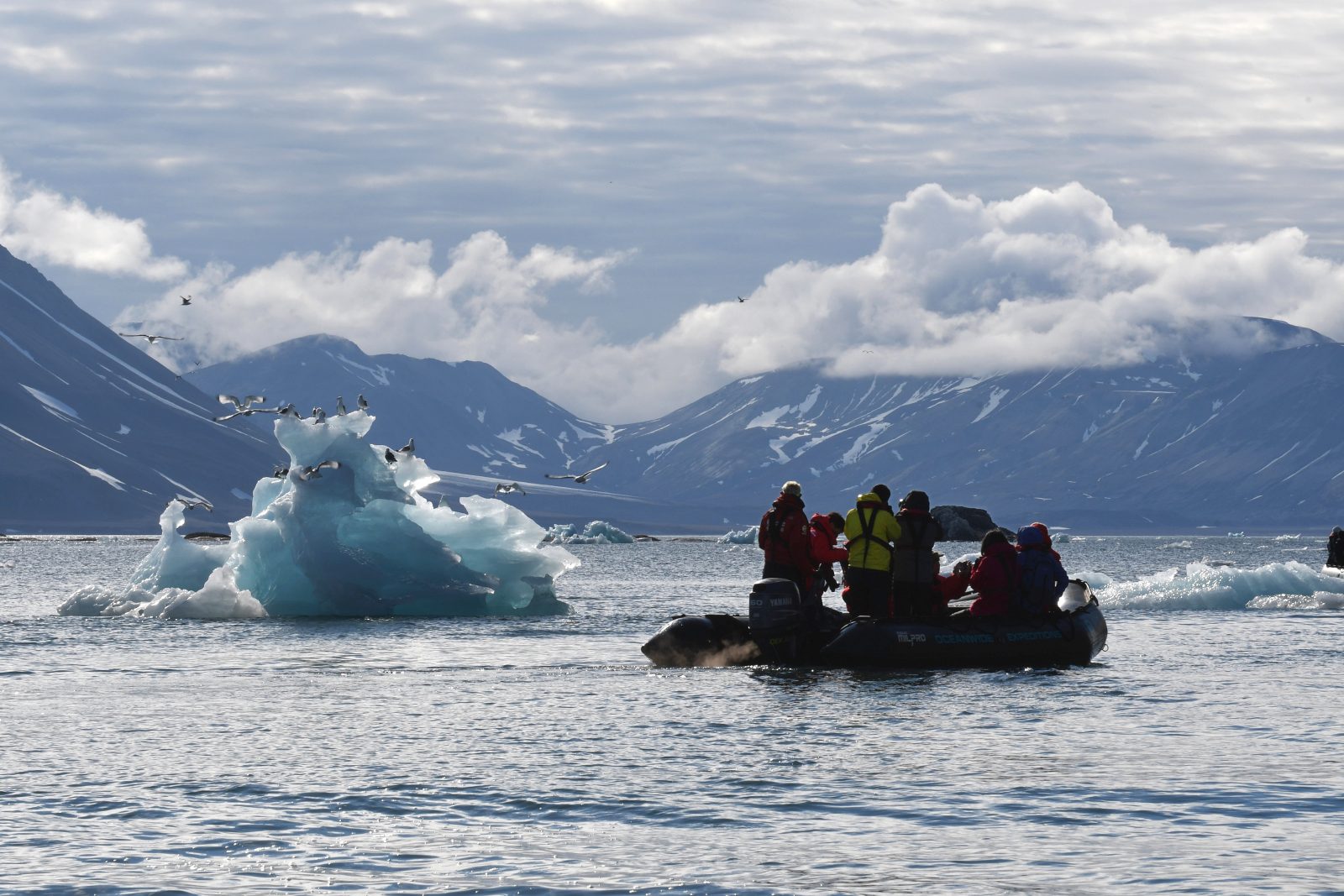 Zodiac neben einem Eisberg an Grönlands Ostküste