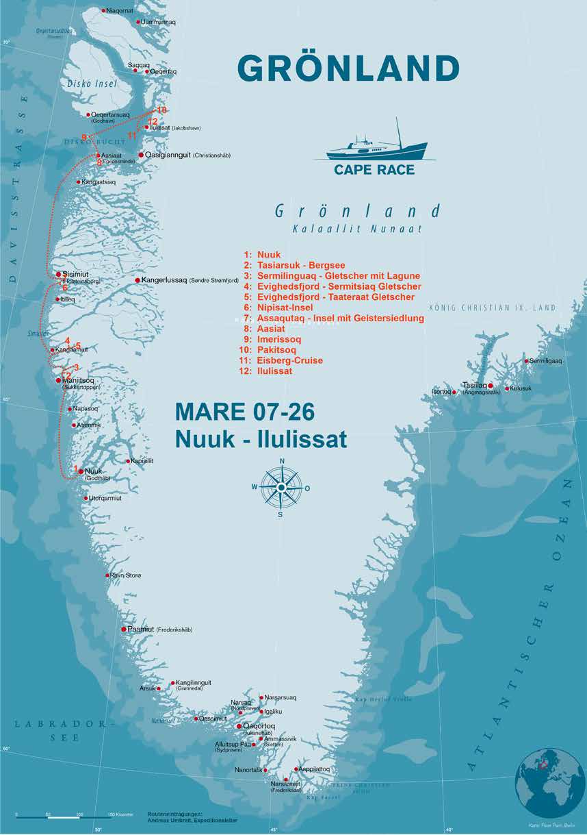 Karte der Route von Nuuk nach Ilulissat entlang der Westküste Grönlands